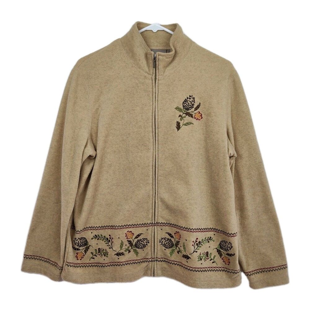 Croft & Barrow full-zip‎ sweater, women's M, tan, embroidered pine cones VGC
